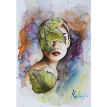 Muguetarts %100 El Yapımı Yaprak Kadın Suluboya Resim 42X30 cm