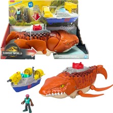 Esranın Dünyası Fisher-Price Imaginext Jurassic World Rebirth Dev Ağızlı Mosasaurus, 45,5 Cm'lik Dinozor Oyuncağı, 7,5 Cm'lik Aksiyon Figürü, Fırlatıcılı Tekne ve 2 Cephane, JFR23
