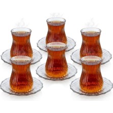 Esranın Dünyası Deconox 12 Parça Çay Seti - 6 Adet Fitil Desenli Cam Çay Bardağı ve 6 Adet Cam Çay Tabağı - Isıya Dayanıklı Çay Takımı