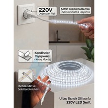 Yeo Aydınlatma 220V Doğrudan Fişli Trafosuz Beyaz Şeffaf Silikonlu Şerit LED - IP67 Su Geçirmez Kendinden Yapışkanlı
