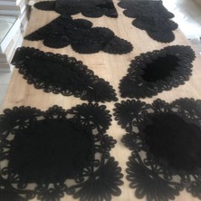 Ceki Home Salon Takımı Çeyizlik Siyah Runner Set 7 Parça Kadife Ranır Masa Konsol Sehpa Örtüsü Palmiye