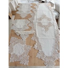 Ceki Home Salon Takımı Çeyizlik Krem Runner Set 5 Parça Keten Ranır Masa Konsol Sehpa Örtüsü Gülseda
