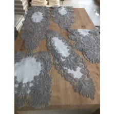Ceki Home Salon Takımı Çeyizlik Kreme Gri Runner Set 7 Parça Keten Ranır Masa Konsol Sehpa Örtüsü Palmiye