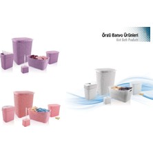 5 Parça Örgü Desenli Plastik Banyo Seti Çamaşır Sepeti Deterjanlık Klik Kovası Klozet Fırçası