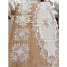 Ceki Home Salon Takımı Çeyizlik Krem Runner Set 5 Parça Keten Ranır Masa Konsol Sehpa Örtüsü Lady