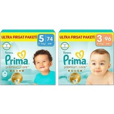 Bebek Bezi Premium Care 5 Numara 74 Adet Ultra Fırsat Paketi ve Prima Bebek Bezi Premium Care 3 Num