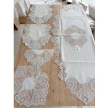 Ceki Home Salon Takımı Çeyizlik Krem Runner Set 5 Parça Keten Ranır Masa Konsol Sehpa Örtüsü Kartanesi