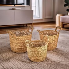Odea Deconox 3'lü El Yapımı Doğal Hasır Kulplu Yuvarlak Saksı Seti, Hasır El Yapımı Suya Karşı Koruma Poşetli Yuvarlak Örgü Saksı 3'lü Set, Rattan Saksı Seti, (24CM*22CM-22CM*20CM-20CM*18CM)