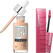 Odea Maybelline New York Super Stay Vinyl Ink Uzun Süre Kalıcı Likit Parlak Ruj 20 Coy & Super Stay Skin Tint Fondöten - 10 Makyaj Seti