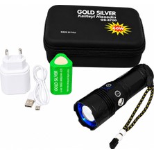 Odea Vıvaluxe Gold Sılver GS-4700 Şarjlı El Feneri, USB Type-C Şarjlı, 18650 Pilli, Cob Yan Işık, Zoomlu LED El Feneri, 5 Aydınlatma Modu, Alüminyum Gövde, Kamp Balıkçılık Acil Durum