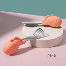 Odea Valkyrie Bebek Zebralı Yemek Kısa Saplı Çocuk Paslanmaz Çelik Çatal Kaşık Pembe