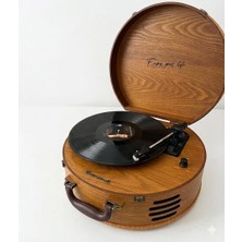 Odea Lion Extra Retro Çanta Tipi Yuvarlak Pikap – Dahili Hoparlörlü, Bluetooth Bağlantılı Taşınabilir Plak Çalar – Vintage Ahşap Gövde, Iğne & Kol Upgrade, Deri Saplı Nostaljik Pikap