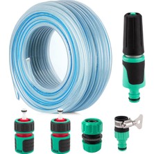 Odea Üç Katlı Şeffaf Sağlam Bahçe Hortumu (30 Metre) Çeşme Su Sulama Hortum 6'lı Bağlantı Adaptörlü Set
