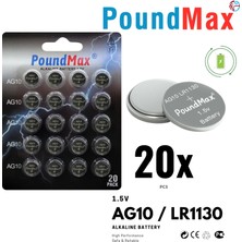 Odea 20 x Poundmax AG10 Düğme Hücresi LR1130 1,5V, Alkalin Pil