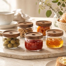 Odea Poomy 300 ml Cam Kahvaltılık 5’li Set, Akasya Kapaklı Şeffaf Cam Saklama Kavanozu, Kahvaltı Sunum Kabı, Zeytin Reçel Bal Kuruyemiş Sos Atıştırmalık Kavanozu