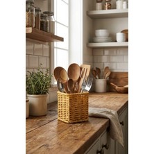 Odea Buffer Kare Hasır Dokulu Plastik Rattan Kaşıklık ve Çatallık, Askılı Kendiliğinden Tutmalı Çok Amaçlı Mutfak Organizeri, 10X10X14 cm