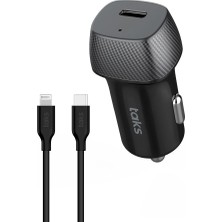 Odea Taks CP01 30W Pd Usb-C Araç Hızlı Şarj Aleti + Usb-C-Lightning Kablo, Siyah 5CP01LS