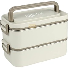 Odea Vagonlife Bento 2000ML Lunchbox 2 Katlı 3 Bölmeli Mini Kaseli Çelik Sefer Tası Yemek Kutusu (Beyaz)