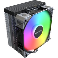 Odea Montech NX400 Argb - Cpu Soğutucu, Tek Kule, 4 Gelişmiş Isı Borusu, 52 Kanatlı Isı Emici, E28, 120 mm Fdb Statik Basınçlı Fan, 28 mm Fan Kalınlığı, Köşe Kapağı Ayak Pedleri, Argb - Siyah
