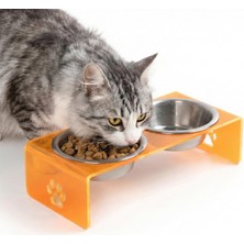 Odea Gobypet Çift Hazneli Pleksi Kedi ve Köpek Mama Kabı, Yükseltilmiş Seramik Mama ve Su Kabı, Ergonomik Tasarım, Kolay Temizlenebilir (Metal, Turuncu Pleksi)