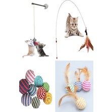 Odea Tineke 4'lü Set: Ip Sarma Top, Vantuzlu Kedi Oltası, Tüylü Top ve 90 cm Olta
