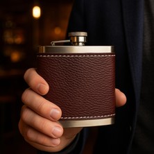 Odea Perlotus 5 OZ-150 cc Hunili Kahve Brown Deri Kılıf Çelik Viski Içki Konyak Matarası