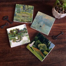 Odea Pinecone Stone Claude Monet Gül Çiçekli Kemer, Bahçedeki Kadın, Izlenim Gün Doğumu, Nilüfer Gölü Taş Bardak Altlığı Seti - 4 Parça - Dekoratif, Rustik, 10X10 Cm, Kaydırmaz Tabanlı SC529