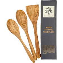 Odea Demy Craft El Yapımı Zeytin Ağacı Mutfak Seti – 3 Parça Doğal Ahşap Kaşık ve Spatula Seti | 30 cm