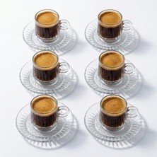 Odea 6’lı Cam Kahve Fincanı Seti Şeffaf Çizgili Tasarım Tabaklı Espresso Türk Kahvesi Sunum Fincan Takımı 6 cm