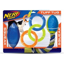 Odea Nerf Dog 3 Parça Köpek Oyuncak Hediye Seti, 7 Inç Tpr Klasik Squeak Futbol, 10,5 Inç Tpr 3 Halka Çekme ve 14,5 Inç Tpr 2 Parça Nitro Blitz Ip Kuyruklu Squeak Futbol, Nerf Sert Malzeme, Çok Renkli