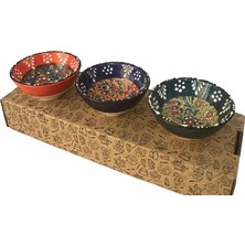 Odea Kabartma Desenli El Boyaması Seramik Kase Seti, 3’lü Renkli Çini Motifli Dekoratif Sunum Kaseleri, Kahvaltı, Meze, Çerez ve Servis Için Çok Amaçlı El Yapımı Kase Takımı