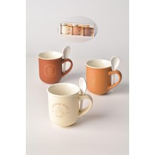 Odea Porselen Kaşıklı Kupa Seti, 200ML, 3'lü Set (3 Kupa + 3 Kaşık), Kahve Temalı Desenli, Krem, Açık Kahve ve Kahverengi Renkler