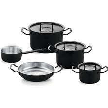 Odea Fissler Orijinal Profi Collection Shadow Line 5 Parça Paslanmaz Çelik Tencere Seti, Sınırlı Yıldönümü Sürümü, 3 Tencere, Servis Tavası, Tencere, Siyah