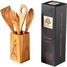 Odea Demy Craft Zeytin Ağacı El Yapımı 5 Parça Mutfak Seti, Ahşap Kutu, Kaşık, Çatal, Spatula, Delikli Spatula, 30 Cm.