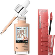 Odea Maybelline New York Super Stay Vinyl Ink Uzun Süre Kalıcı Likit Parlak Ruj 15 Peachy & Super Stay Skin Tint Fondöten - 10 Makyaj Seti