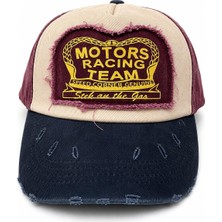 Odea Motors Racing Team Nakışlı Eskitme Şapka, Beyzbol Şapkası, Vintage Tasarım, Lacivert ve Bordo