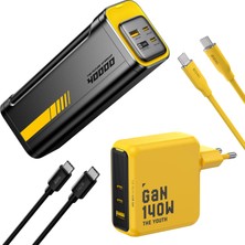 Aohi Youth 140W 3 Portlu Şarj Adaptörü, 40.000 Mah 140W Pd3.1 Powerbank, 140W 1m Pd 3.1 480MBPS Süper Hızlı Şarj/data Kablosu Seti