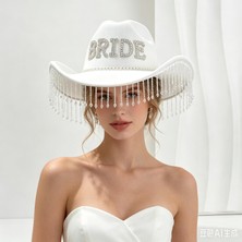 Odea Valkyrie Bride Yazılı Taşlı Beyaz Kovboy Şapkası – Kristal Püsküllü Bekarlığa Veda, Düğün ve Party Aksesuarı