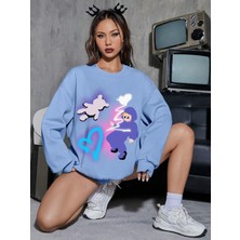 Odea Tarzsokak Od Adr-Shen Ezwear Cartoon Graphic Drop Shoulder Sweatshirt Bebe Mavi, Baby Blue, S/m