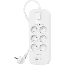 Odea Belkin 6'lı Çoklu Priz, Yüksek Gerilim Korumalı, Duvara Montaj, 6 Priz, 2 M Güç Kablosu, Yeşil Işıklı Gösterge, Hızlı Şarj Için Usb-C ve Usb-A Bağlantısı; 650 Jul Koruma