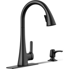 Odea Kohler R22867-SD-BL Maxton Pull-Down Mutfak Bataryası Sabunluk, Aşağı Çekmeli Püskürtücülü Mutfak Lavabo Bataryası, Siyah Mutfak Bataryası, Mat Siyah