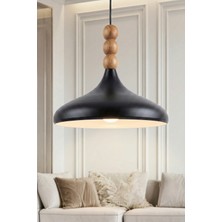 Marrien Nova Bohem Ahşap 3 Boncuklu Siyah Metal Sarkıt (35 cm) Yemek Masası Üstü Avize