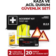German Kupfermax Accident Kit: Araç Acil Durum ve Kaza Seti, E Belgeli 2 Reflektör, Reflektörlü Yelek, 20 Parça Ilk Yardım Çantası ve Kaza Tespit Tutanağı Seti