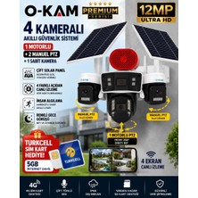 O-Kam OK337/5 B Premium 12MP 4 Kameralı 4G Çift Solar Panel AOV Gece Görüş Sesli Konuşma Akıllı Kamera Turkcell Sim Kart