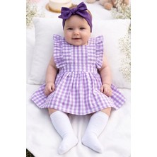 Parla Kids Kız Bebek Violetta Lila Pötikareli Fırfırlı Bağlama Detaylı Elbise Bandana Takım