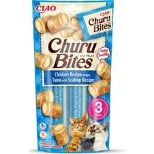 Esranın Dünyası Inaba Churu Bites - Ton Balığı ve Deniz Tarağı Isırık Kedi Ödülü, Tavuk Kaplaması - Kabarık ve Kremalı - 3 Tüp x 10 G