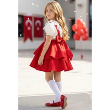 Parla Kids Kız Çocuk Helen Kırmızı Askılı Jile 23 Nisan 29 Ekim Elbise Gösteri Kıyafeti Ekru Dantel Kısa Kollu Bluz Abiye Takım