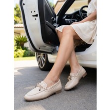 Nesil Shoes Eliz 25216 Bej Hakiki Soft Deri Fiyonklu Kadın Ayakkabı