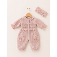 Kardeşler Bebe Çiçek Detaylı Müslin Kız Bebek Tulum