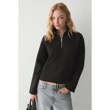 Ethiquet Bellagıo Kadın Organik Pamuklı Kanguru Cepli Yakası Fermuarlı Siyah Sweatshirt